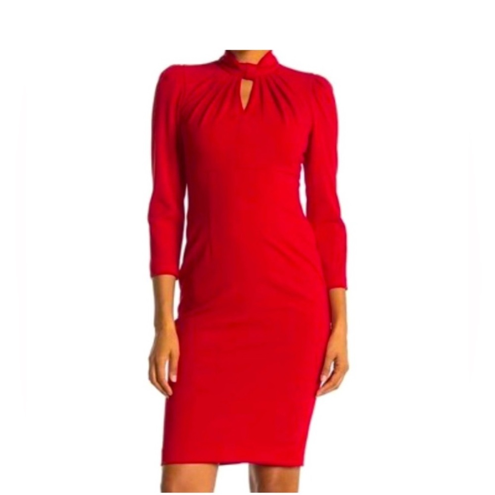 CALVIN KLEIN KEYHOLE MOCK NECK PUFF SLEEVES RED SHEATH DRESS SIZE 6